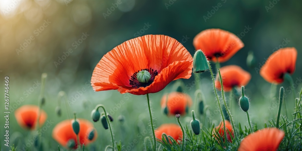 Poster field of vibrant red poppies blooming in a natural setting with soft bokeh background and green gras