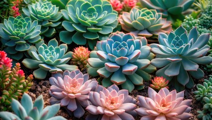 Colorful variety of succulent plants in garden bed with contrasting textures and shades of green and pink Copy Space