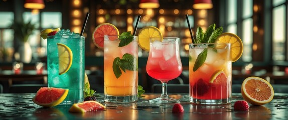 Colorful cocktails with fresh fruit garnishes displayed on a bar counter with blurred background and copy space for text.