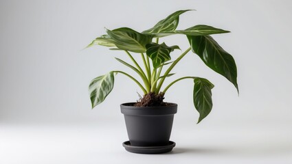Potted indoor plant with vibrant green leaves in a black pot on a light background with ample copy space