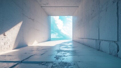 Architectural interior with bright light coming through an open wall onto a serene ocean view Copy Space