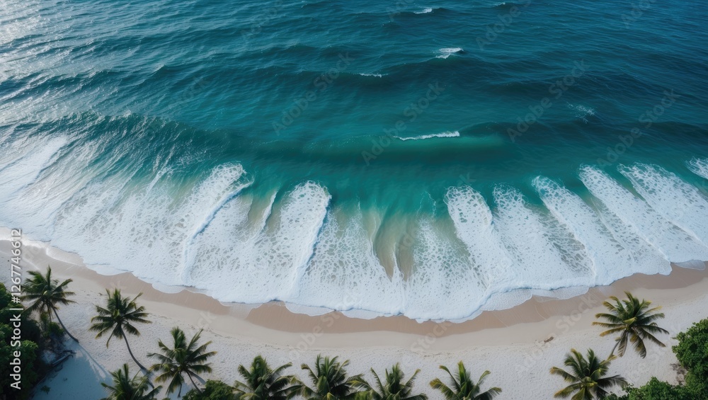 Poster aerial view of ocean waves crashing on sandy beach with palm trees in foreground copy space