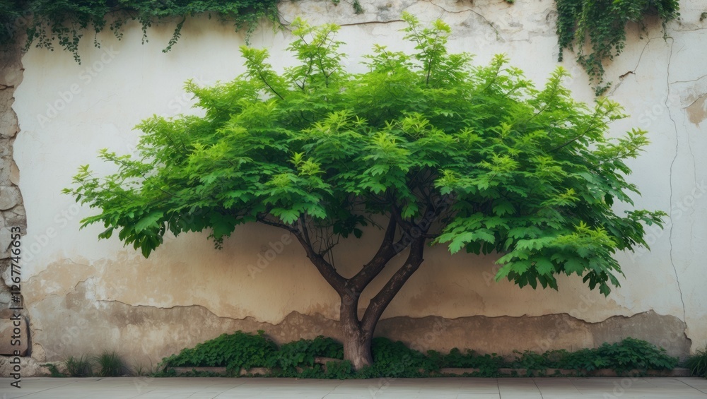 Poster lush green tree against a weathered wall with vines in a tranquil setting providing ample copy space