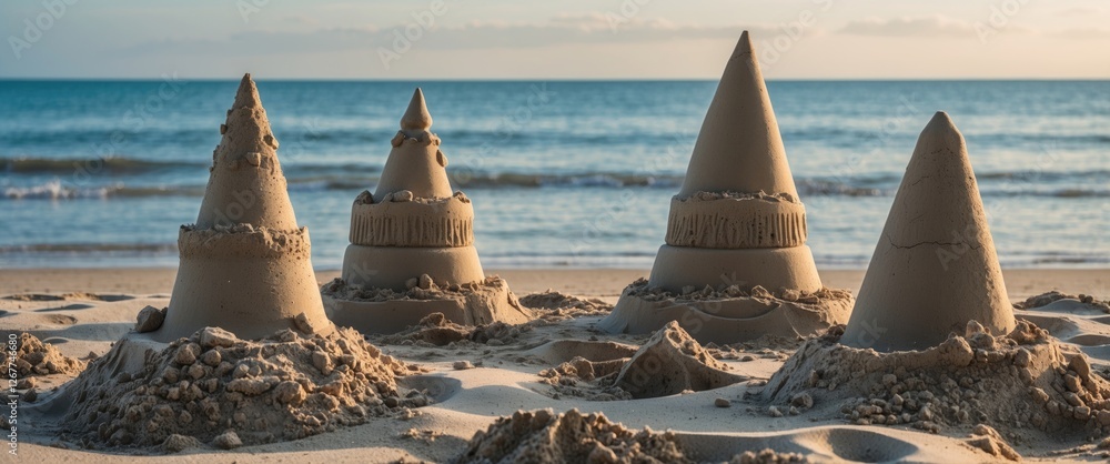Poster sandcastles on a beach with ocean waves in the background during golden hour showcasing intricate de