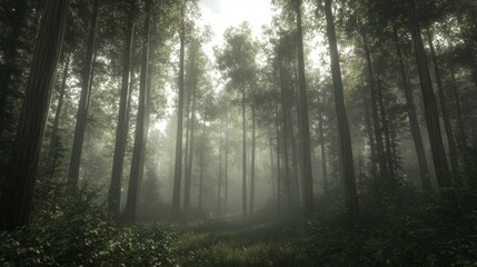 Naklejka premium Misty Redwood Forest Path, Nature Background