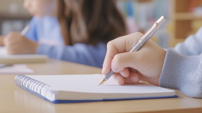 Focused Young Learner Writing in Classroom - Elementary Education, Homework, and Note-Taking
