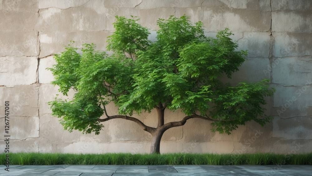 Aufkleber lush green tree against a weathered concrete wall with grass at the base and ample copy space for te