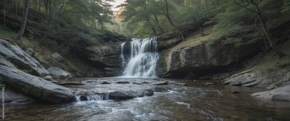 Poster waterfall cascading through rocky terrain surrounded by lush green trees in a serene forest setting 