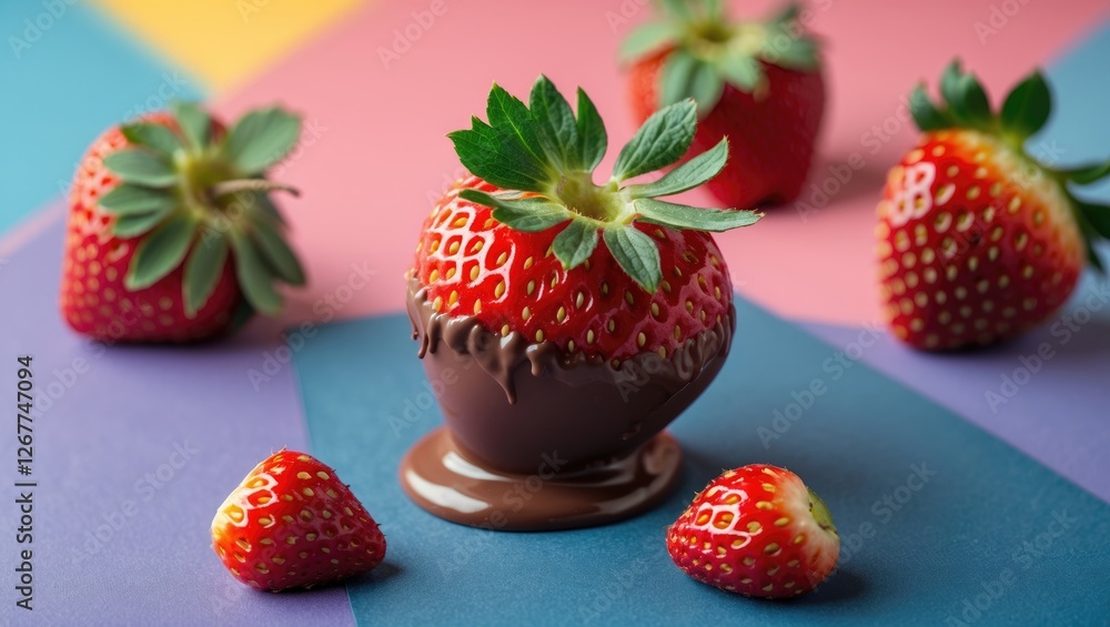 Poster fresh strawberries dipped in chocolate on colorful geometric background with copy space for text.