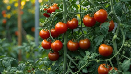 Ripe red tomatoes hanging on vine in a greenhouse with blurred background and natural lighting Copy Space