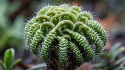 Close-up of intricate green cactus with spiraling patterns and fine hairs against blurred natural background Copy Space