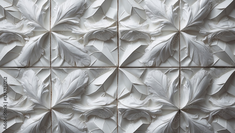 Poster decorative white paper art with layered textures resembling floral patterns in a symmetrical arrange