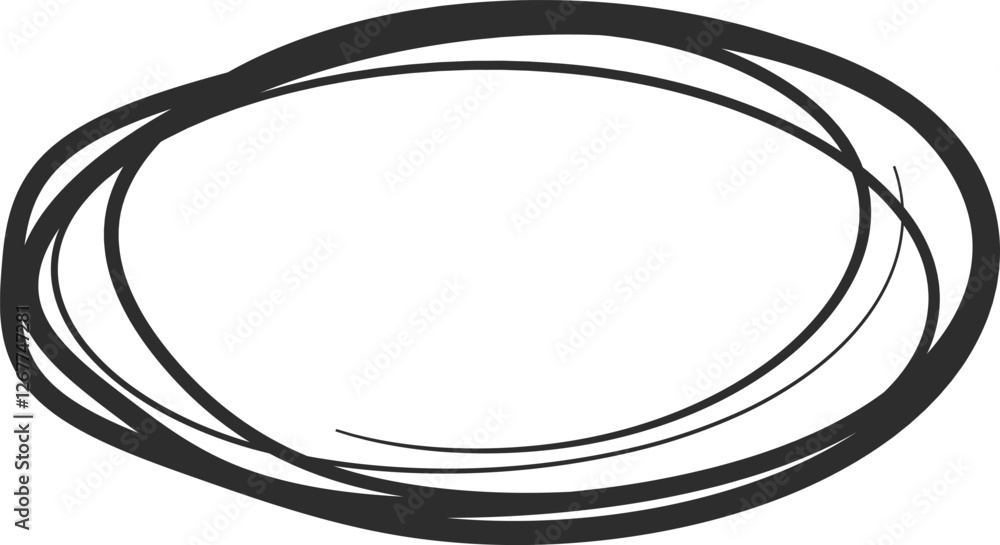 Poster irregular oval shape created with multiple overlapping hand drawn black lines on a white background,