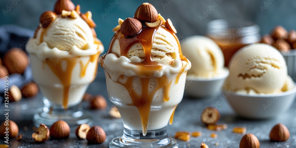 Aufkleber ice cream dessert with caramel sauce topped with nuts in glass bowls on a textured surface with nuts