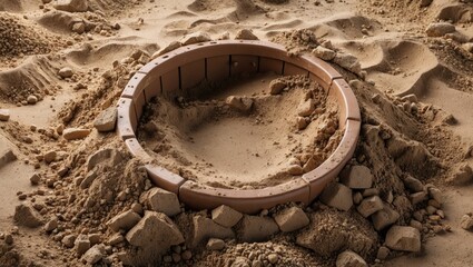 Sand structure with circular wooden frame partially buried in sand, surrounded by small stones and dirt particles, Copy Space