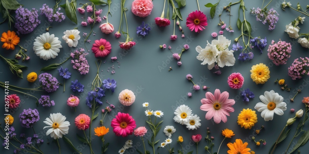 Poster colorful assortment of various flowers arranged on a blue surface with ample copy space for text pla
