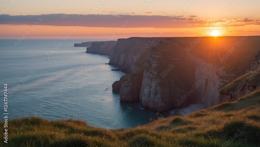 Poster sunset over coastal cliffs with ocean view and grass in foreground illuminated by golden light durin