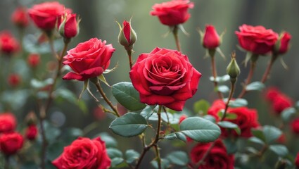 Close-up of blooming red roses with green leaves in a garden setting showcasing the vibrant colors and intricate petal details Copy Space