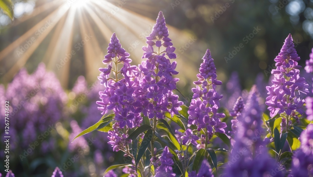 Poster purple flowers with sunlight rays in the background in a blooming garden setting with copy space for