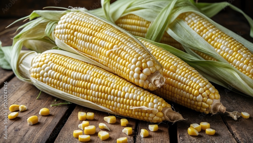 Poster freshly harvested corn on the cob with husks on rustic wooden table with scattered corn kernels and 
