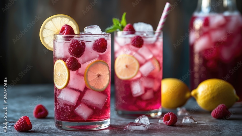 Poster fresh raspberry lemonade with ice cubes garnished with lemon slices and raspberries on a rustic wood
