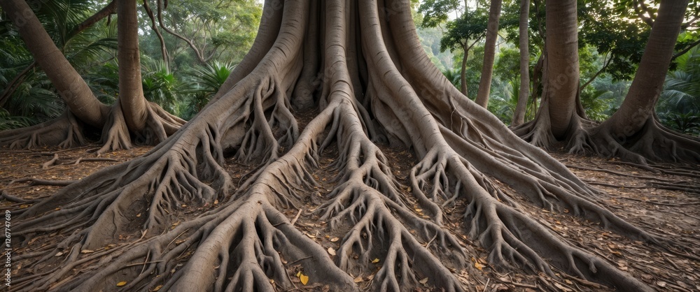 Poster large tree roots extending across the forest floor with detailed texture and surrounding greenery co