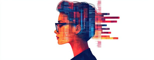 A colorful digital portrait of a woman in profile, showcasing data visualization elements intertwined with her silhouette, blending technology and creativity.