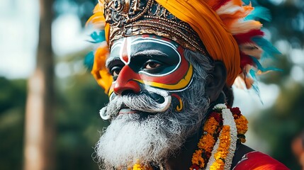 Vibrant colors of Theyyam, a ritualistic dance from Kerala, South India. A man with intricate facial paint, headdress, and garland.