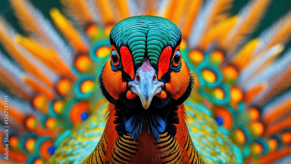 Poster colorful peacock with vibrant feather display and intricate details on head showcasing vivid colors 