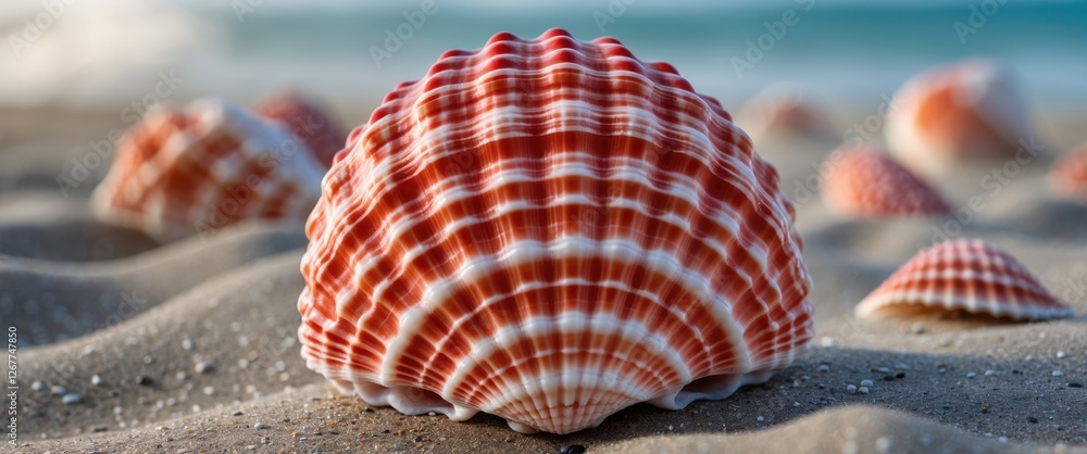Aufkleber close-up view of colorful scallop seashells on sandy beach with shallow depth of field copy space