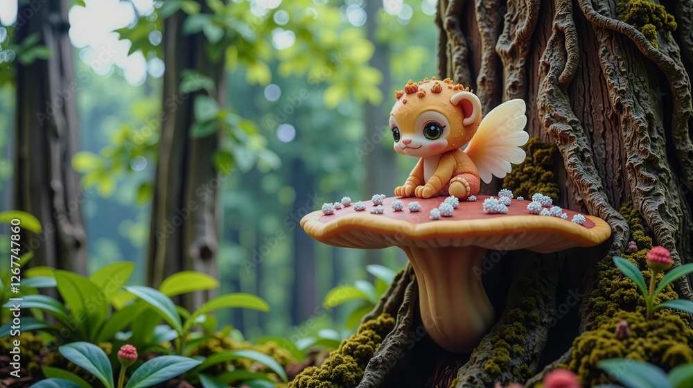 Poster a cartoonish creature with wings sits on a mushroom in a forest. the scene is whimsical and playful,
