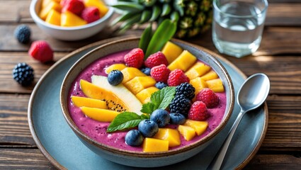 Bowl of colorful fruit smoothie topped with sliced mango, berries, and mint on wooden table with glass of water and pineapple in background Copy Space