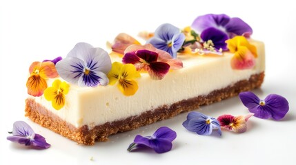 Colorful flower cheesecake bar, delicious dessert, white background