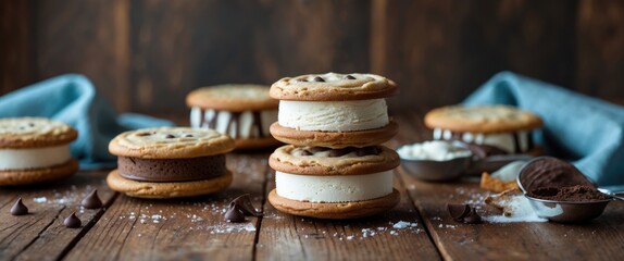 Ice cream sandwich cookies with chocolate chip cookies and various ice cream flavors on rustic wooden background with blue cloth and chocolate chips. Copy Space