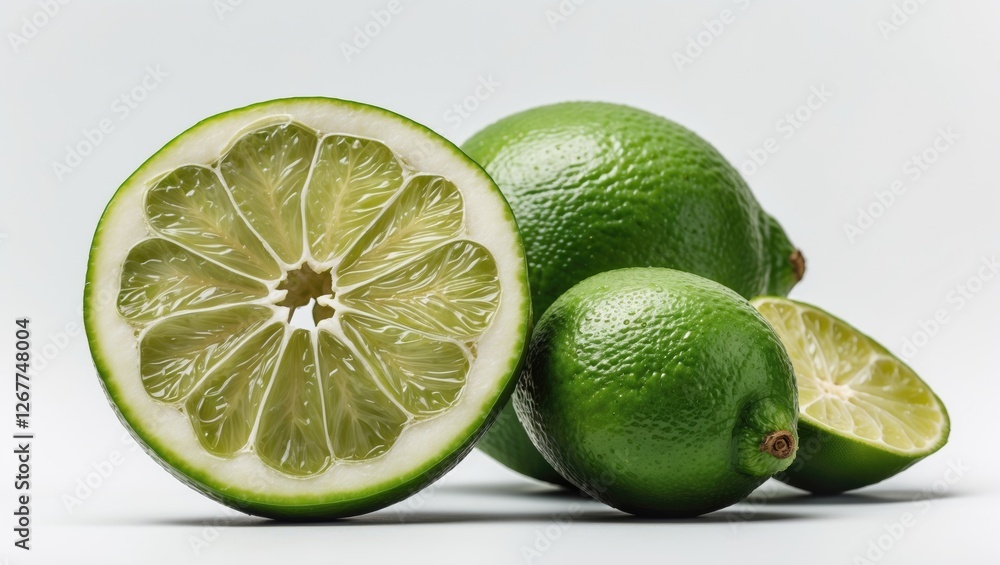 Aufkleber fresh whole and half limes on a light background with copy space for text placement