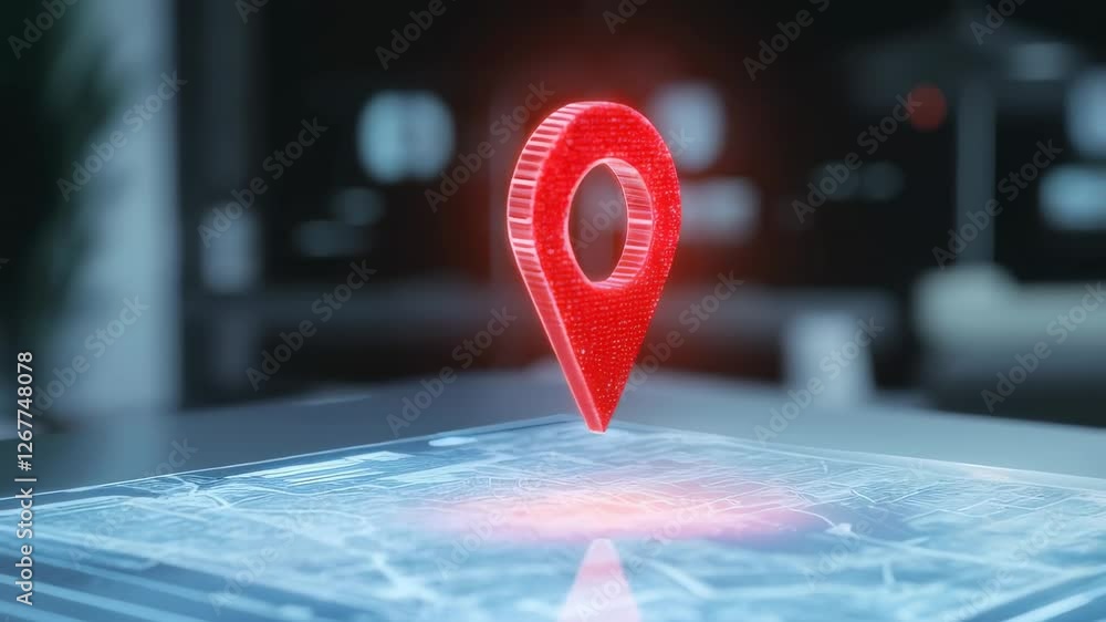 Poster Glowing red location pin hologram rotating above futuristic digital map, representing advanced gps navigation technology with virtual tracking interface in immersive slow motion
