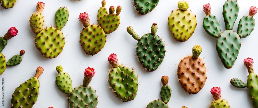 Poster various types of colorful cacti arranged on a light background top view with copy space
