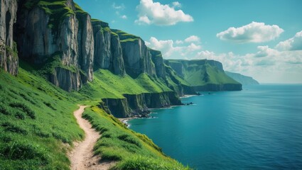 Scenic coastal landscape with cliffs and a winding path along the sea under a blue sky with fluffy clouds and vibrant green grass Copy Space