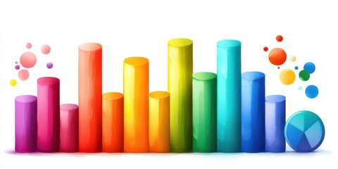 A vibrant graphic featuring colorful bars and spheres, representing data visualization and analytics.