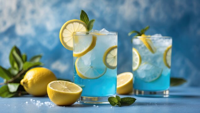 Blue lemonade drinks with ice garnished with lemon slices and mint on a blue background with fresh lemons and copy space