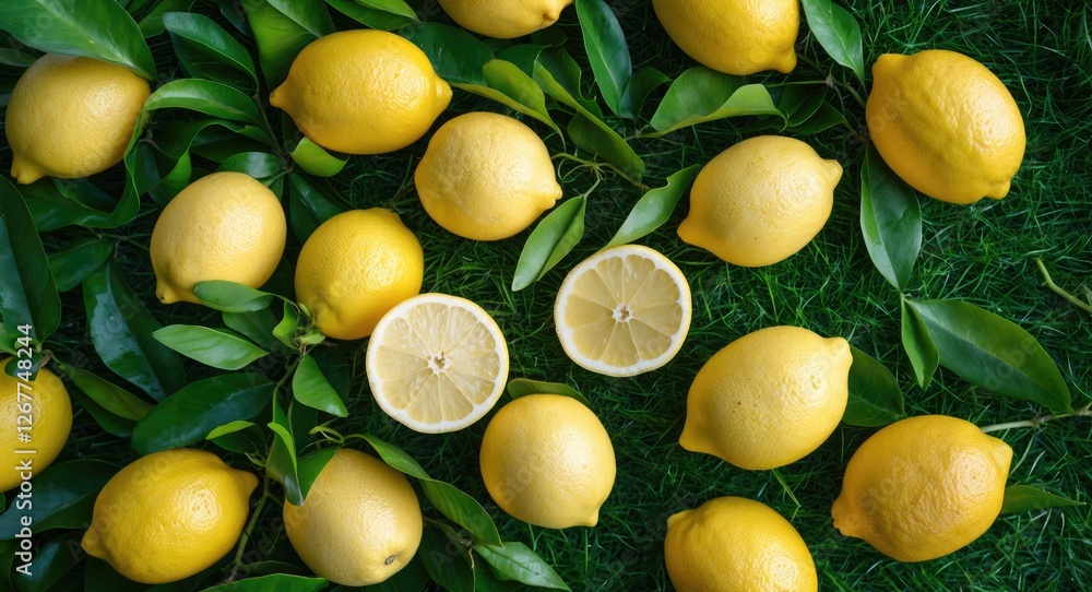 Poster fresh ripe lemons arranged with green leaves on grass background with sliced lemon halves at center 