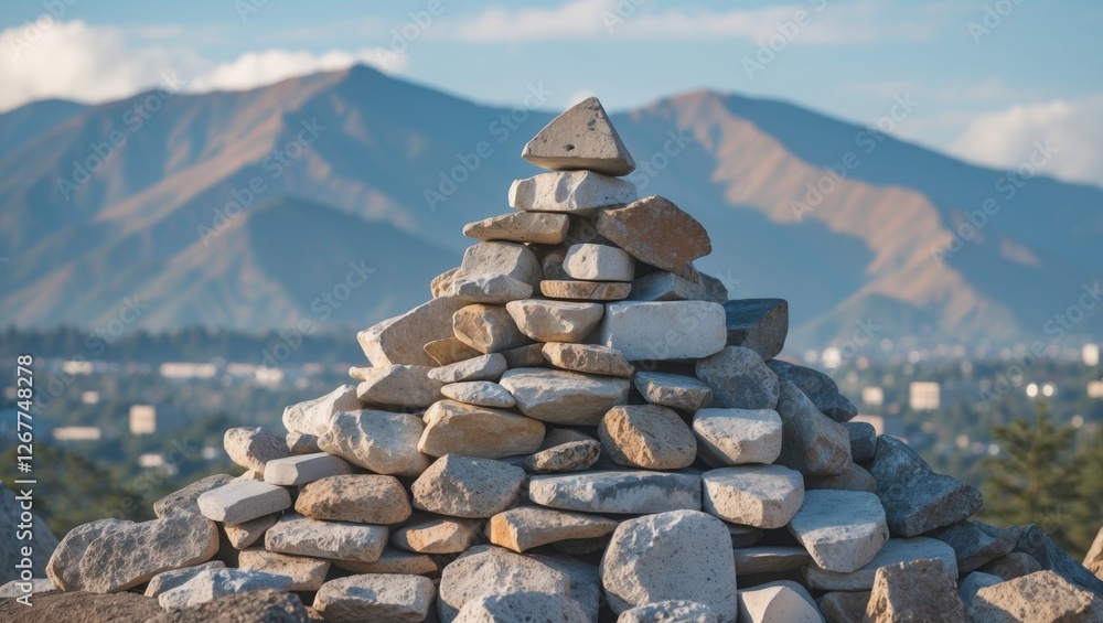 Poster stone pyramid structure on rocky terrain with mountains in the background under bright sky and natur