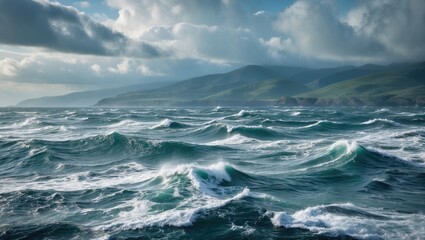 Waves crashing on ocean surface with mountainous shoreline under cloudy sky capturing dynamic seascape Copy Space