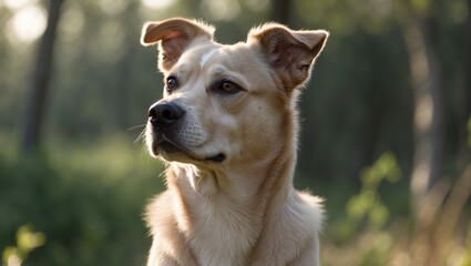 Portrait of a mixed breed dog with a focused expression in a natural outdoor setting with blurred greenery and soft sunlight. Copy Space
