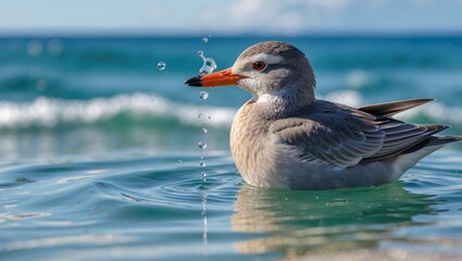 Fototapeta premium Bird with orange beak splashing water in ocean with sunlight reflecting on surface Copy Space