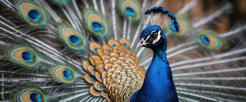 Poster peacock with vibrant plumage displaying feathers in a natural setting showcasing intricate patterns 