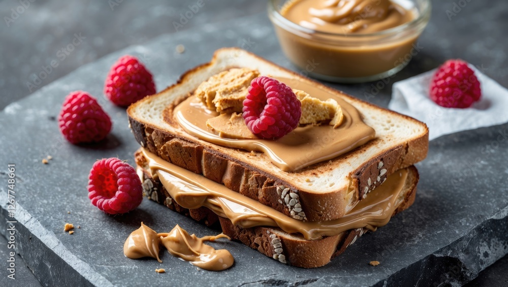 Poster sliced bread with creamy peanut butter topped with raspberries on a dark stone surface with a bowl o
