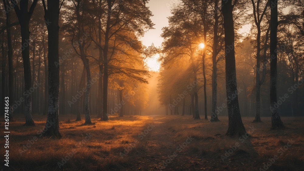 Poster sunlit forest pathway in autumn with trees and soft golden light shining through copy space