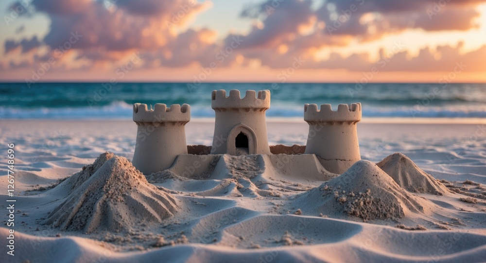 Poster sandcastle at beach with sunset backdrop showcasing soft sand textures and artistic structure with c