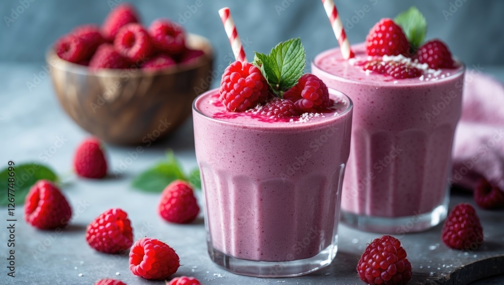 Poster fresh raspberry smoothie in two glasses garnished with mint leaves and raspberries with a bowl of ra